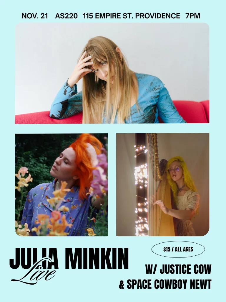 Three portraits of musicians: Julia Minkin, one with long hair, another with bright orange hair, and a third with yellow hair playing a harp