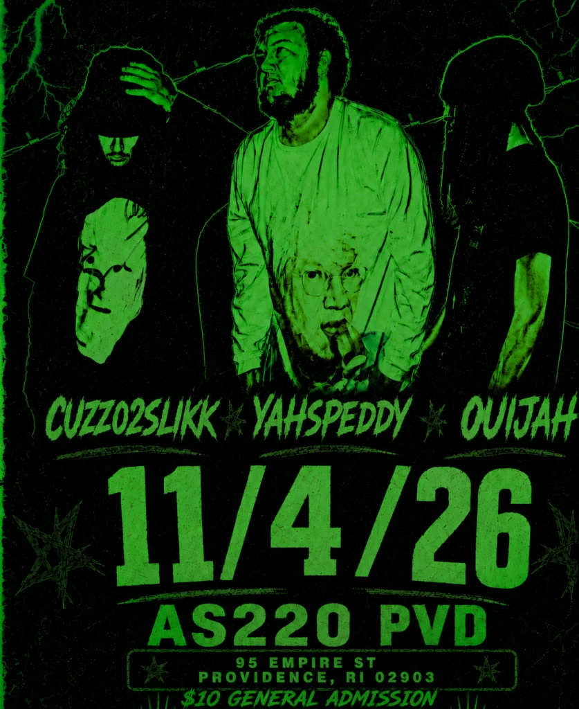 Three artists pose against a dark background, promoting a concert on November 4, 2026, in Providence, RI.