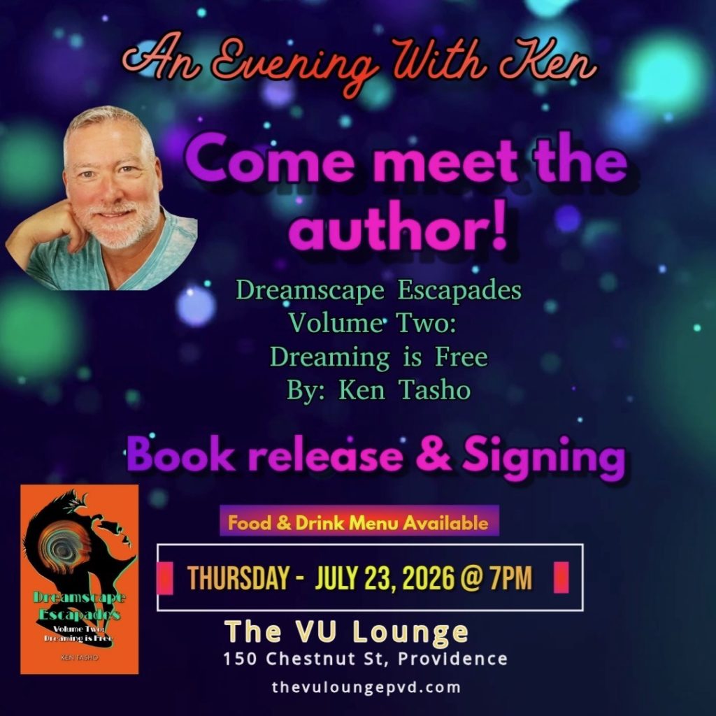 Event announcement for author Ken Tasho's book release and signing at The VU Lounge on July 23, 2026.