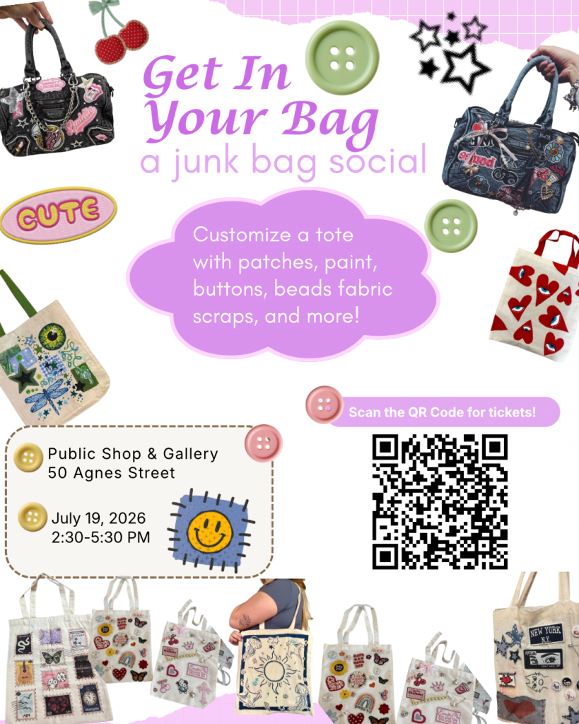 Promotional flyer for a tote customization event featuring bags, buttons, and crafting details. Event date and location included.