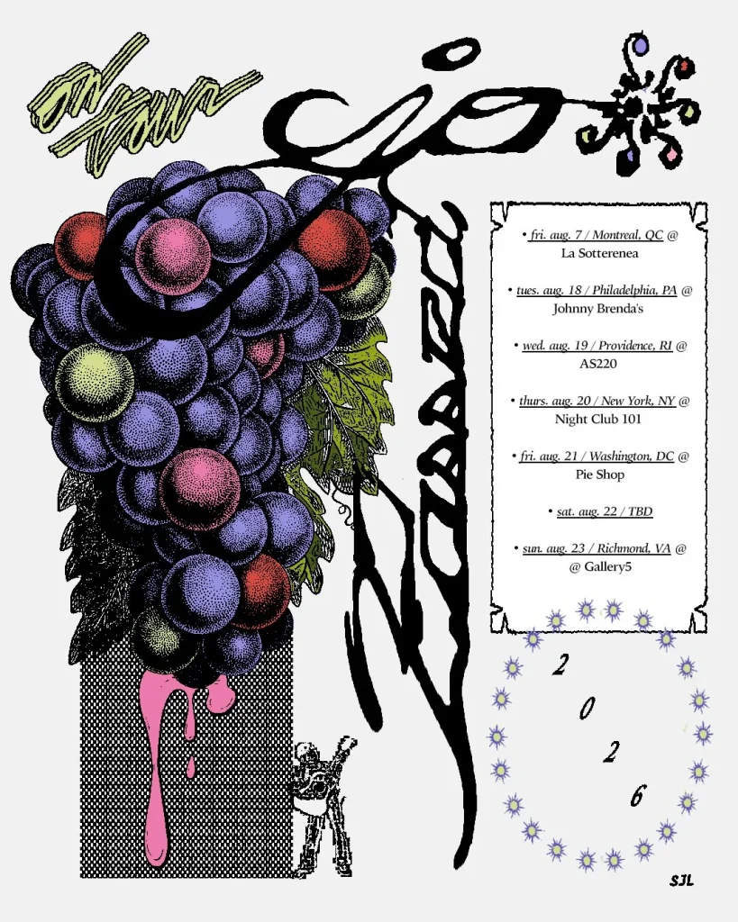 Colorful grape cluster with dripping paint, featuring concert dates and venues for Jo's summer tour.