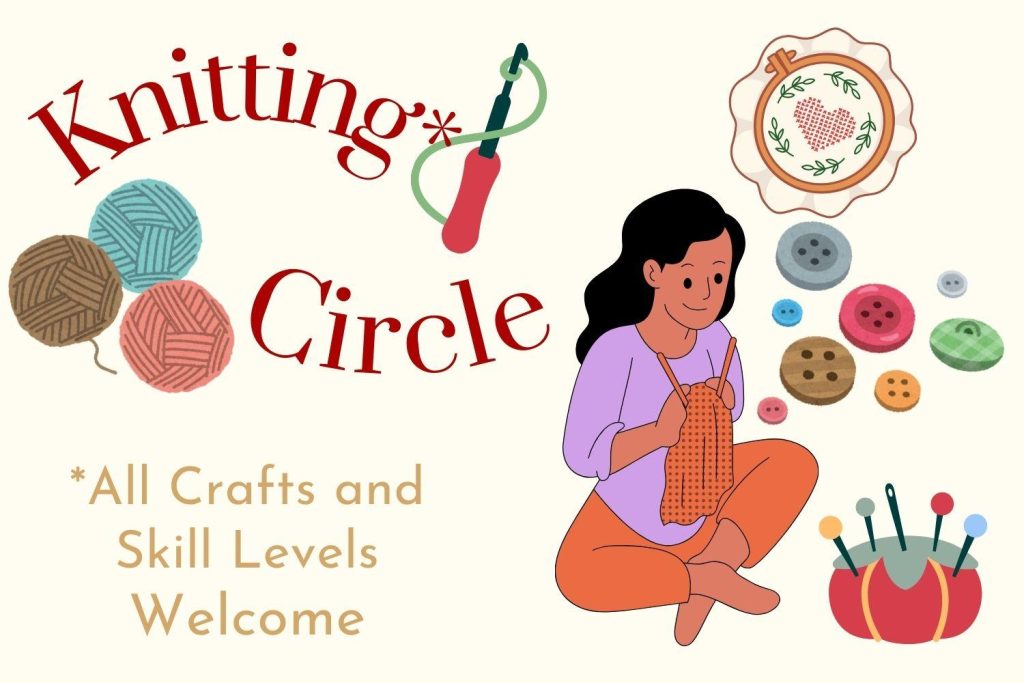 A person sits cross-legged, knitting with yarn, surrounded by buttons and crafting tools. Text promotes inclusivity in crafts.