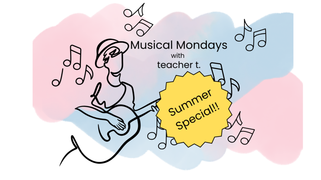 A person plays guitar surrounded by musical notes, promoting a summer special for Musical Mondays.