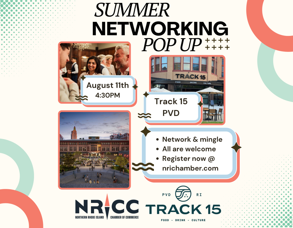 Networking event announcement for August 11 at Track 15, featuring mingling and registration details.