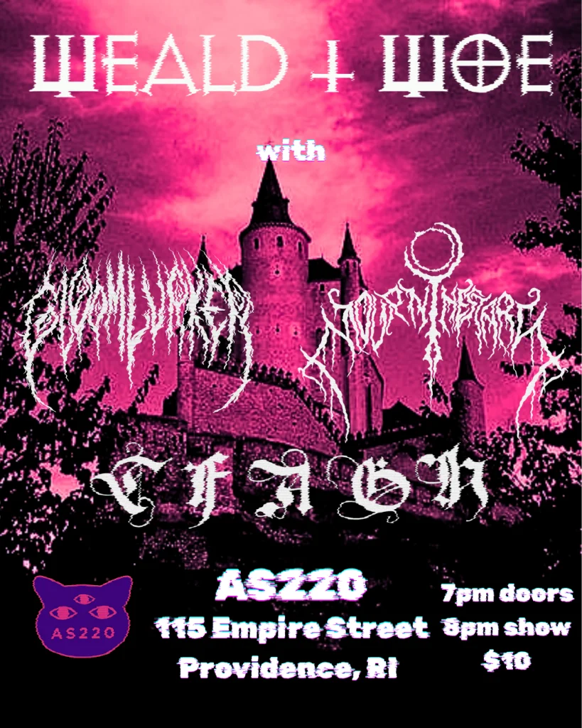 Concert poster for "Weald + Woe" with supporting acts, featuring a castle backdrop and event details.