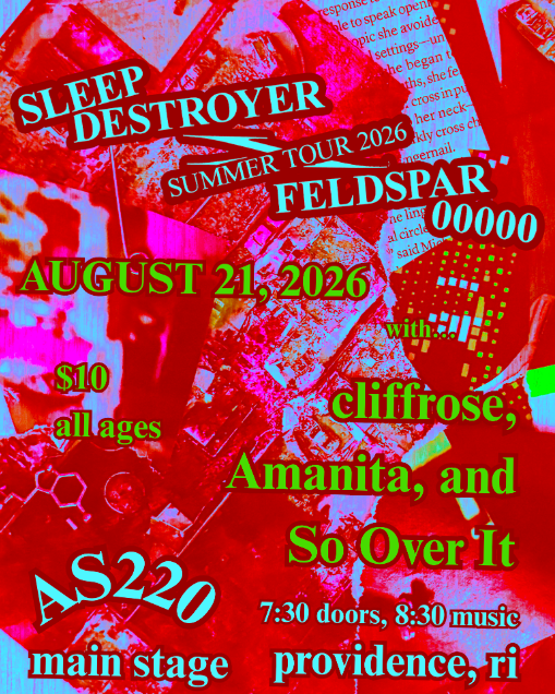 Concert poster for Sleep Destroyer tour featuring cliffrose, Amanita, and So Over It. Event details included.