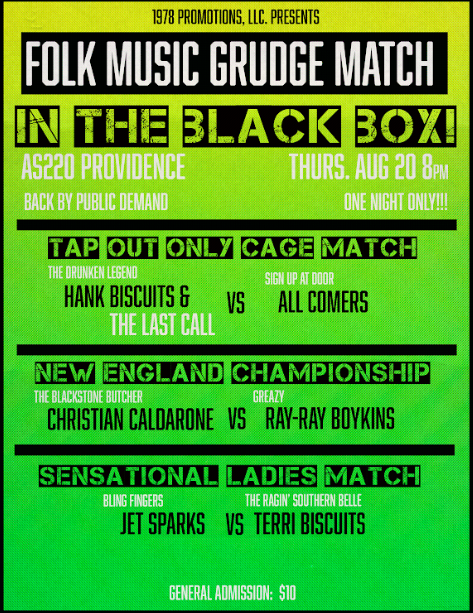Event poster for a folk music grudge match featuring various matches and competitors, including Hank Biscuits and Christian Caldarone.
