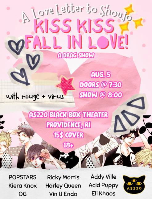 Promotional poster for "Kiss Kiss Fall in Love!" drag show featuring performers and event details.