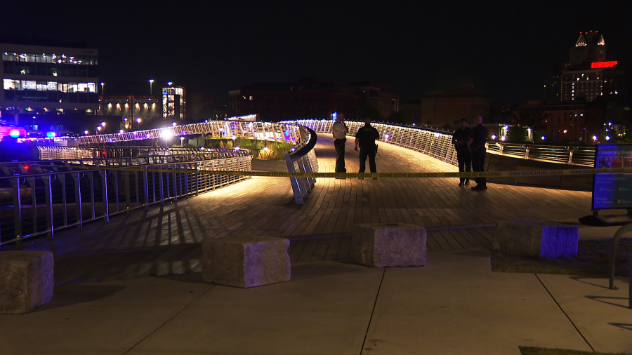 Police officers stand near a cordoned-off wooden bridge at night, with city lights in the background.