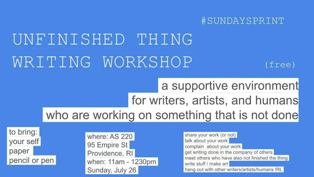 Promotional flyer for a free writing workshop, detailing location, time, and what to bring.