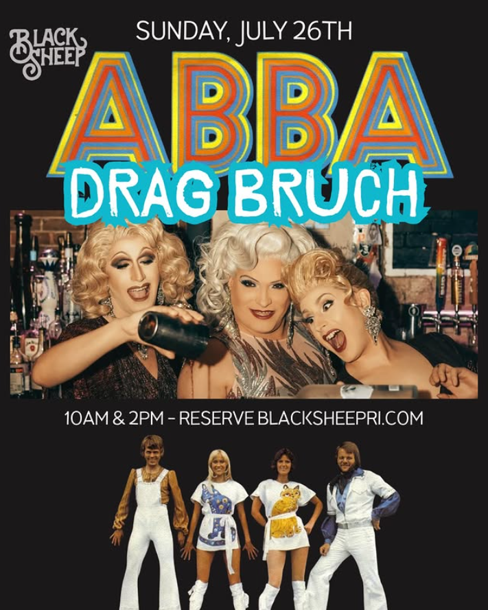 Three drag performers pose joyfully at a bar, promoting an ABBA-themed brunch event.