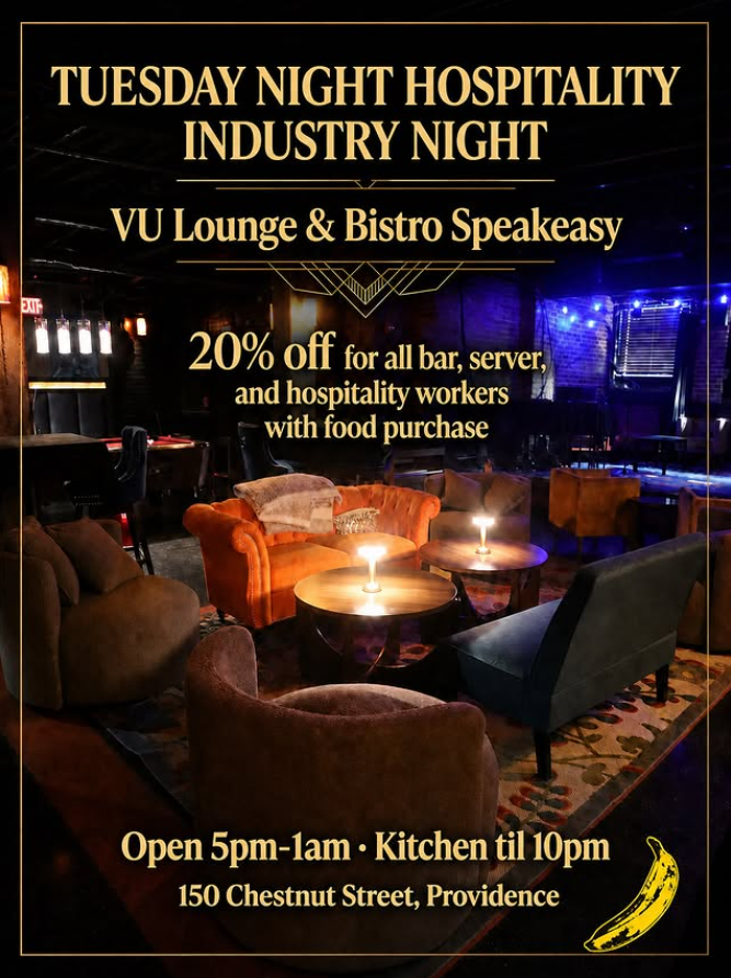 Promotional flyer for Tuesday night hospitality industry event at VU Lounge, featuring discounts for workers.