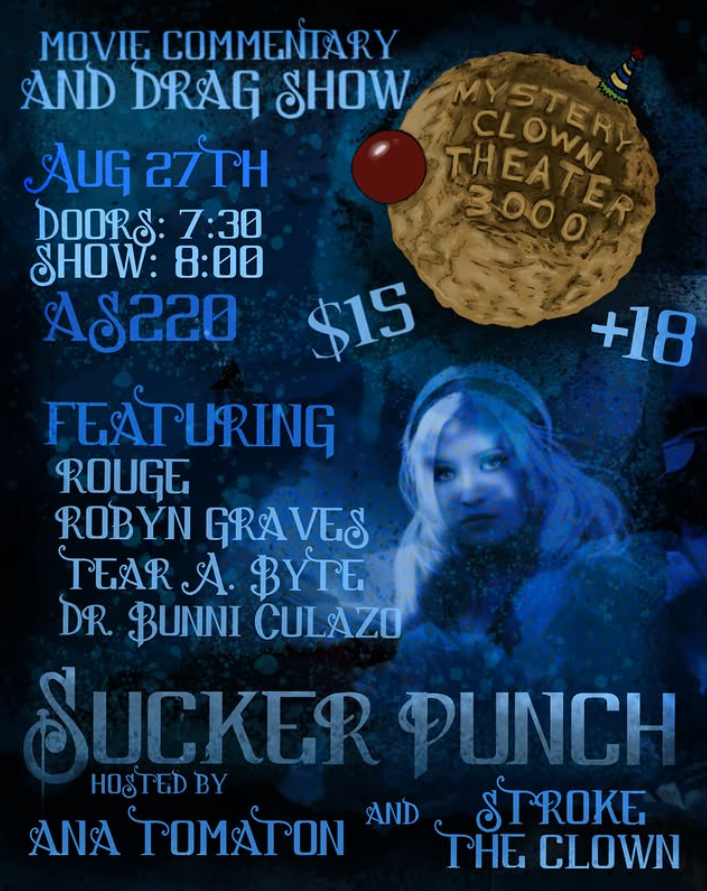Promotional poster for a drag show titled "Sucker Punch," featuring performers and event details.