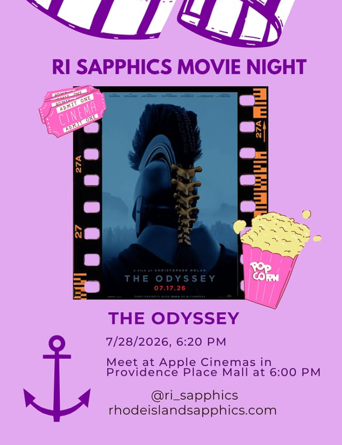 Promotional poster for RI Sapphics Movie Night featuring "The Odyssey," details about the event, and popcorn graphic.