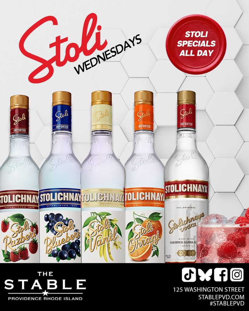 Five Stoli vodka bottles with flavors: Raspberry, Blueberry, Vanilla, Orange, and Original. Text promotes Stoli specials.