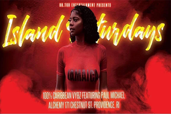 A woman in a red shirt stands confidently, promoting "Island Saturdays" event at Alchemy, Providence.