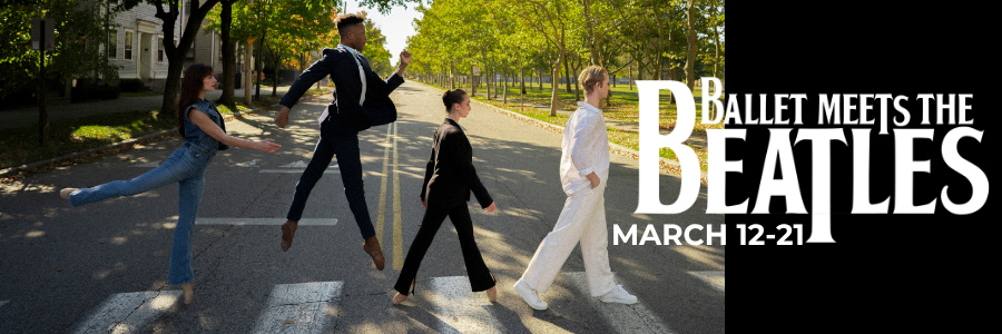 Four dancers walk across a street, showcasing ballet poses, with trees lining the background. Event details included.