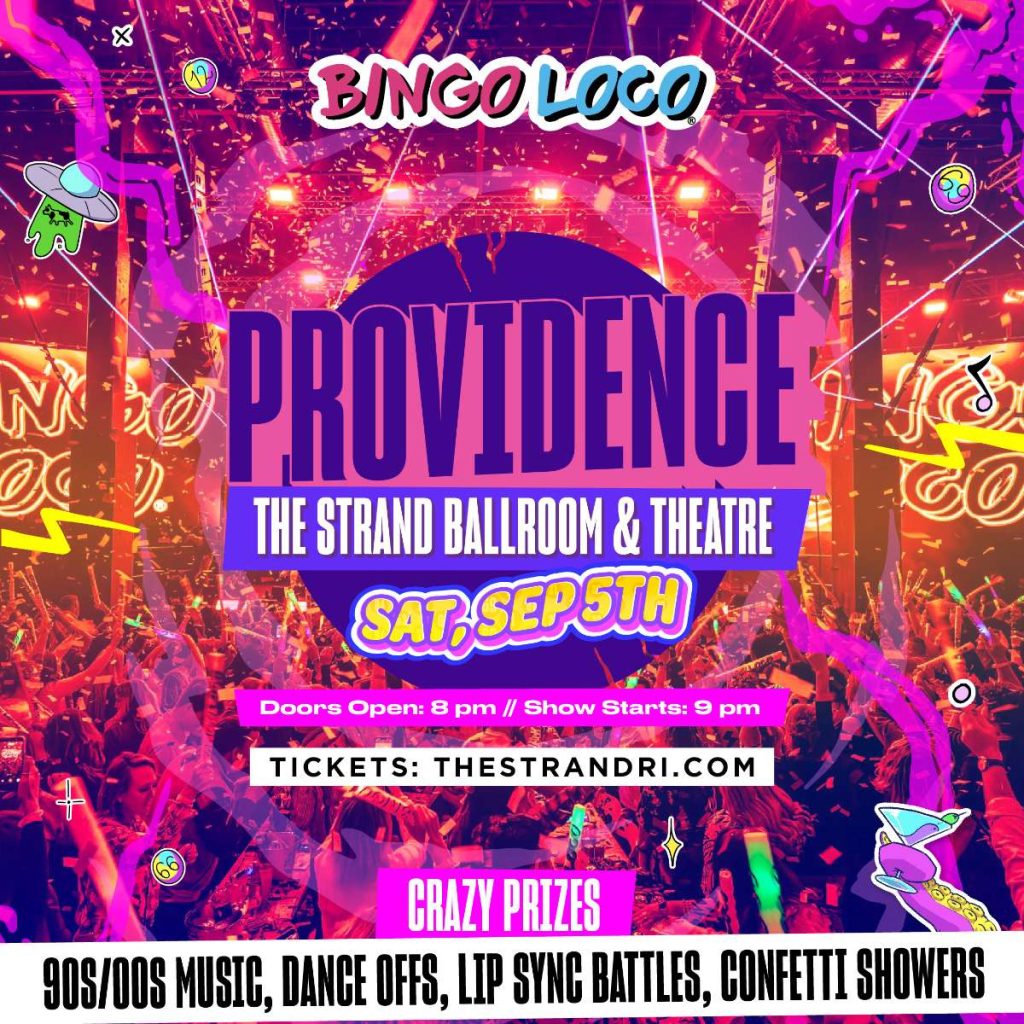 Bingo Loco event in Providence featuring music, dance-offs, and confetti showers at The Strand Ballroom.