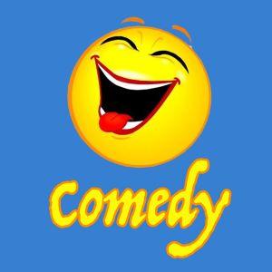 A smiling yellow emoji with a big grin and the word "comedy" below it on a blue background.