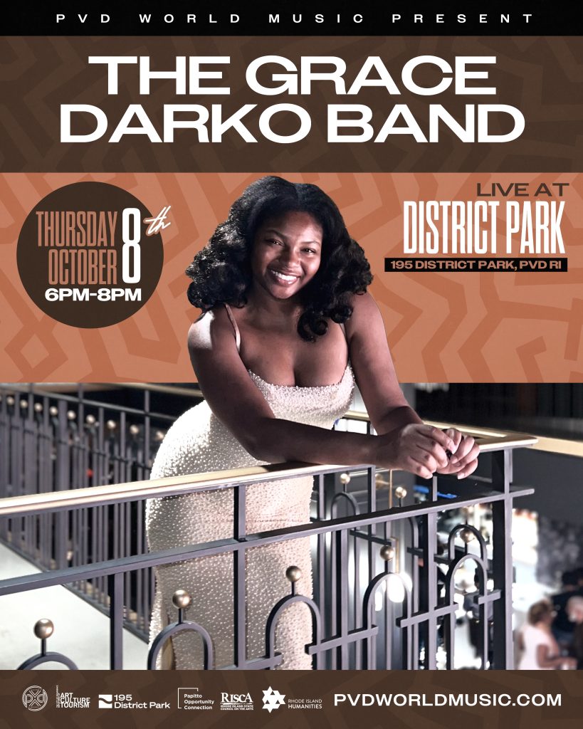 A woman in a sparkling dress leans on a balcony railing, smiling. Event details for The Grace Darko Band are displayed.