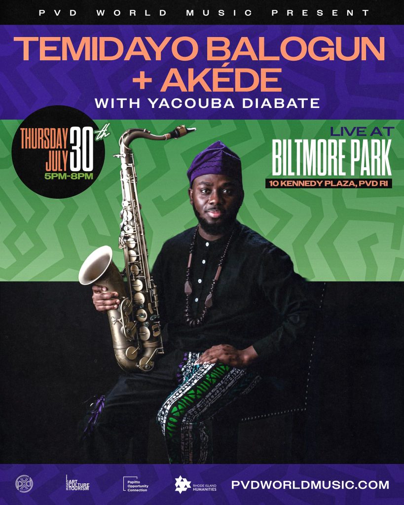 Temidayo Balogun holds a saxophone, wearing traditional attire, promoting a live music event at Biltmore Park.