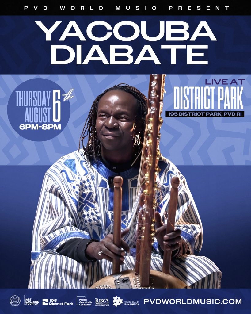 Yacouba Diabate poses with a traditional instrument, wearing a patterned garment, promoting a live music event.