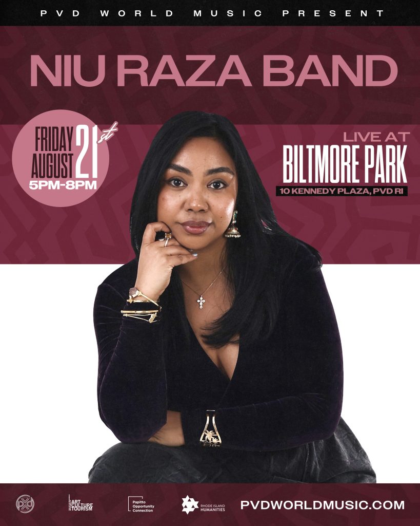 A woman poses confidently, promoting the Niu Raza Band performance at Biltmore Park on August 21st.