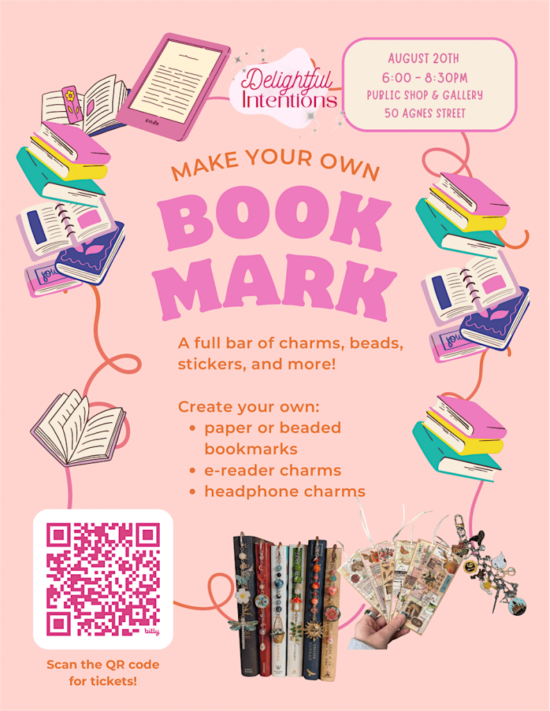Event poster for a bookmark-making workshop featuring charms, beads, and stickers. QR code for tickets included.