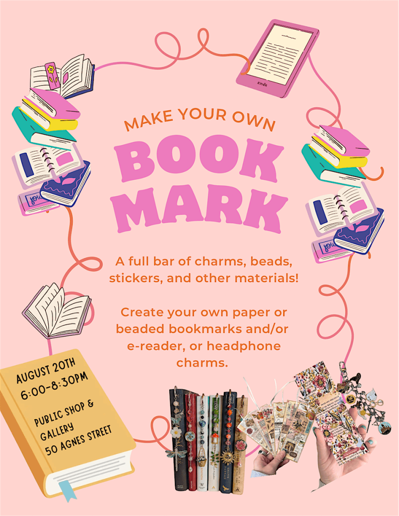 Event poster for a bookmark-making workshop with colorful books, charms, and materials displayed.