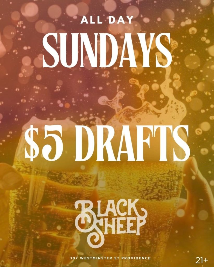 Promotional graphic for $5 draft beers at Black Sheep on Sundays, featuring two glasses of beer.