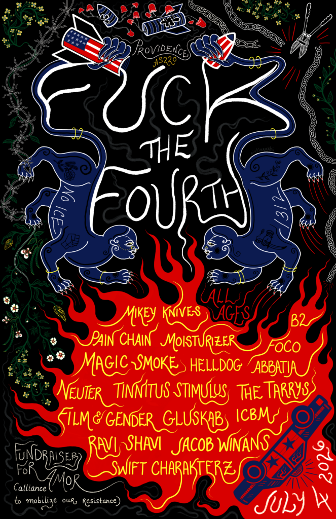 Colorful poster featuring event details for "Fuck the Fourth," with band names and a fundraiser theme.