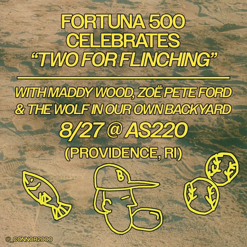 Event announcement for "Two for Flinching" featuring Maddy Wood, Zoë Pete Ford, and The Wolf in Our Own Backyard.