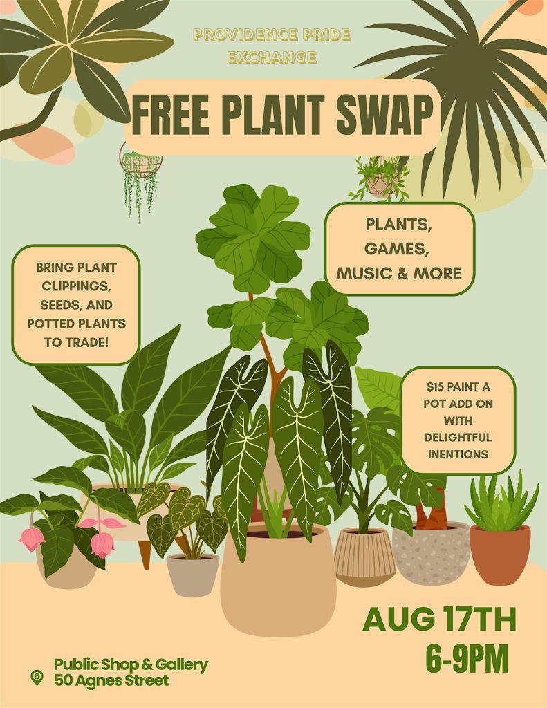 Promotional poster for a free plant swap event with various potted plants and event details.
