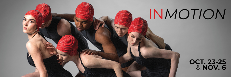 Six dancers in black outfits and red swim caps pose dynamically against a gray background.