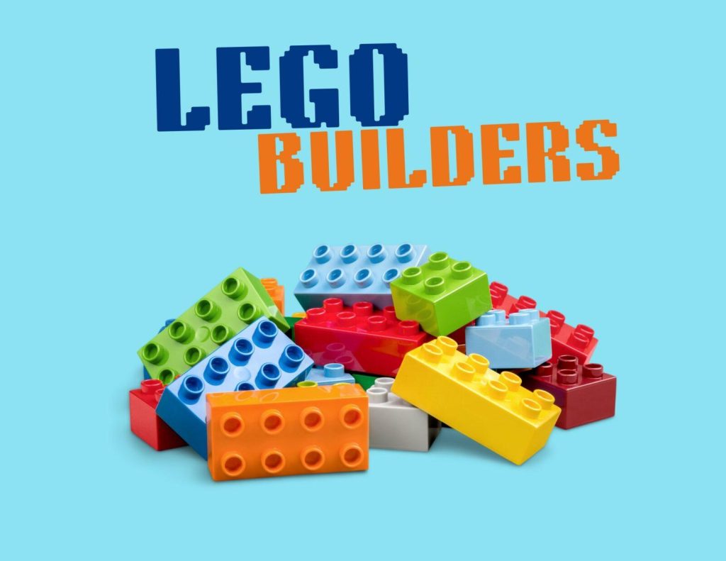 Colorful LEGO bricks are stacked and scattered, with "LEGO BUILDERS" text above.