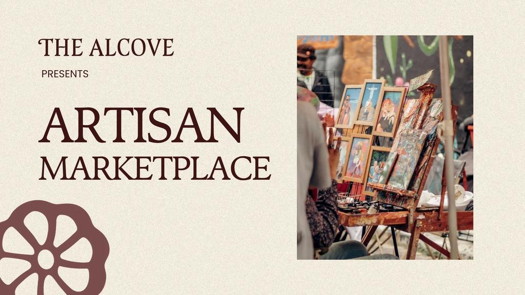 Artisan marketplace displays framed artwork; people browse and engage with vendors.