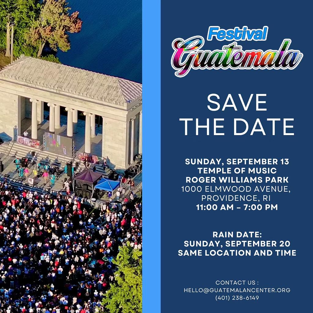 Crowd gathers at the Temple of Music for the Festival Guatemala event in Providence, RI. Date and contact details included.