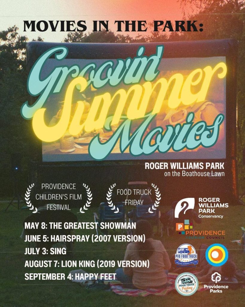 Outdoor movie event schedule at Roger Williams Park, featuring family-friendly films and food trucks.