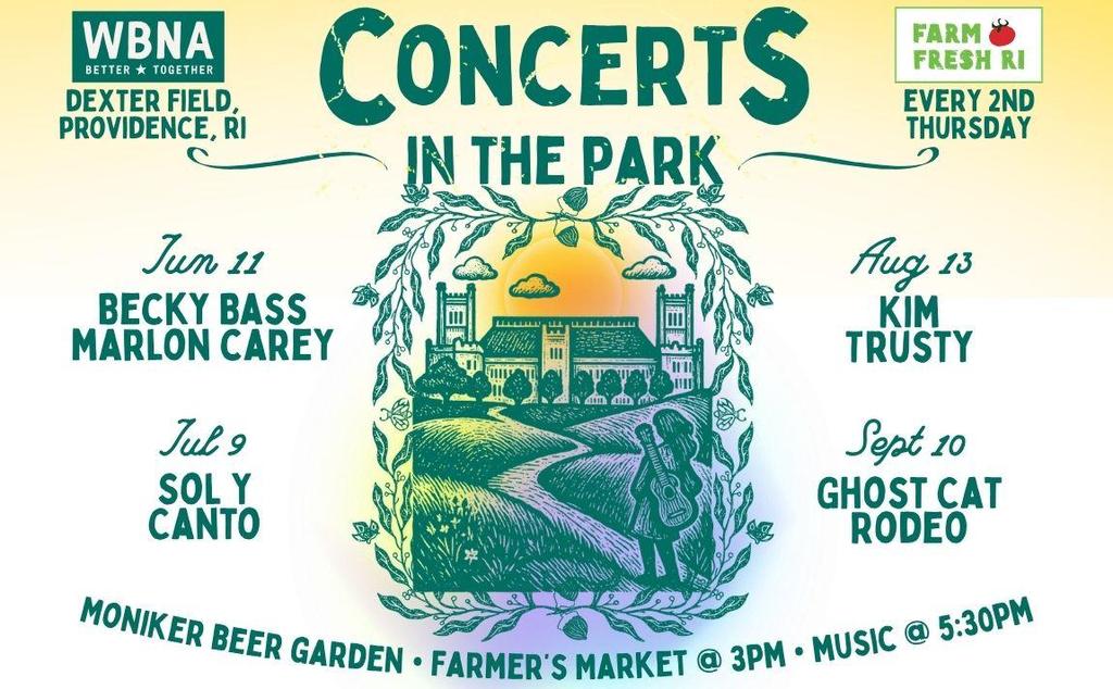 Concert schedule for Dexter Field, Providence, featuring artists like Becky Bass and Kim Trusty.