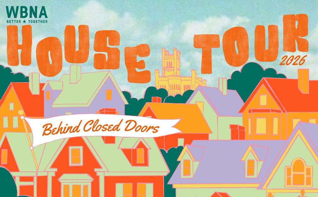 Colorful illustration of houses with text promoting a 2026 house tour titled "Behind Closed Doors.