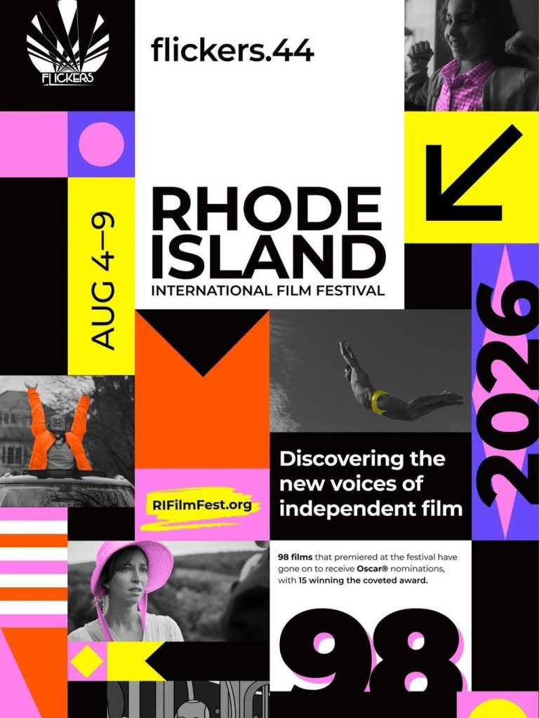 Promotional poster for the Rhode Island International Film Festival, featuring vibrant colors and film-related imagery.
