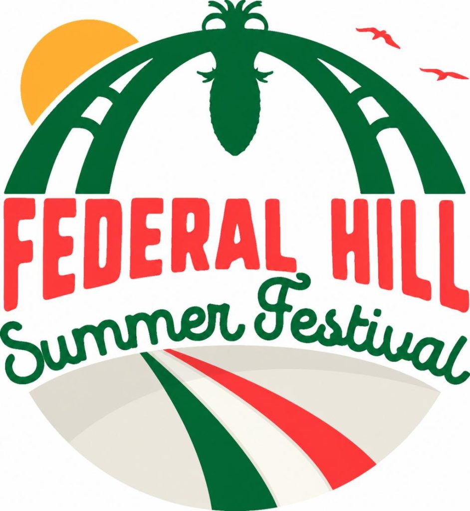 Logo for the Federal Hill Summer Festival featuring a sun, bridge, and colorful stripes.