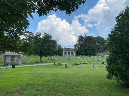 A cemetery landscape with gravestones, trees, and a cloudy sky in the background.