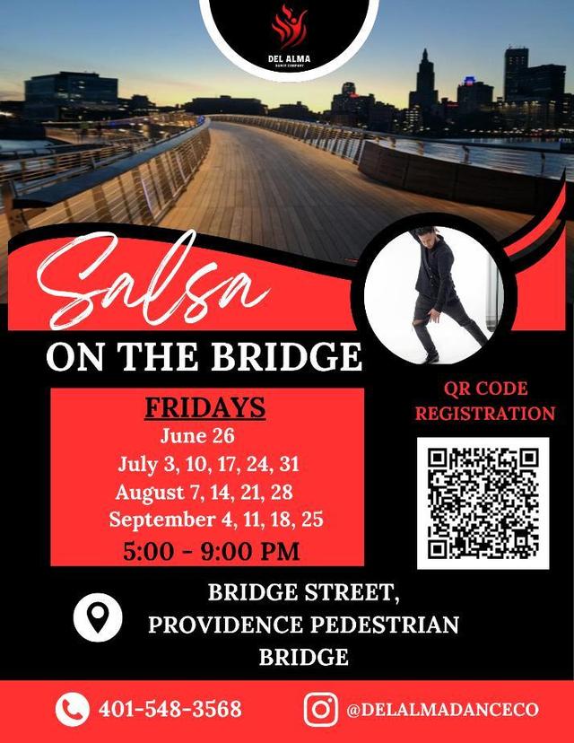 Salsa dance event on Providence Pedestrian Bridge, Fridays from 5:00 to 9:00 PM. Registration QR code included.