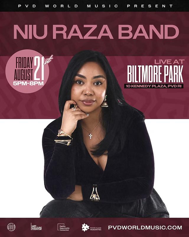 Niu Raza Band performance announcement at Biltmore Park, featuring a woman in a black outfit.