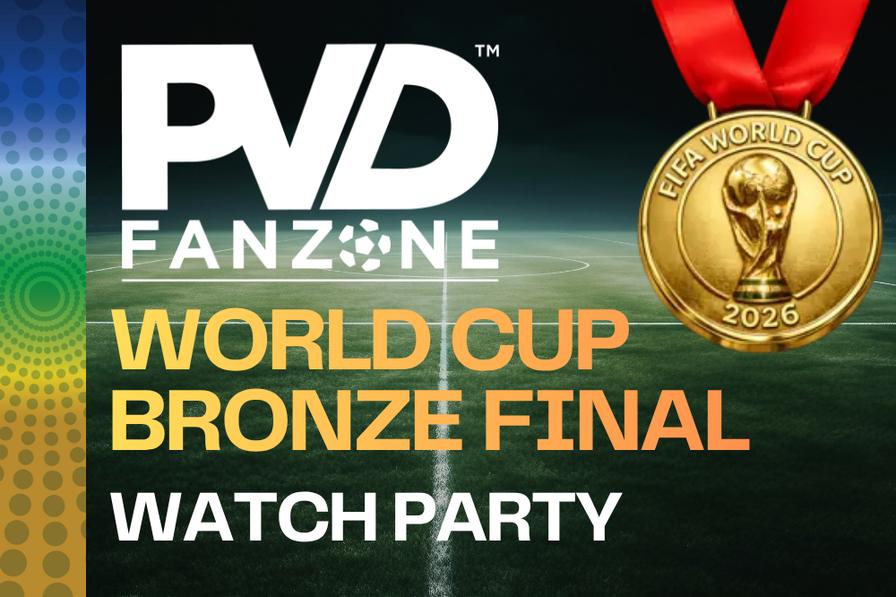 Promotional graphic for a World Cup Bronze Final watch party at PVD Fanzone, featuring a trophy.