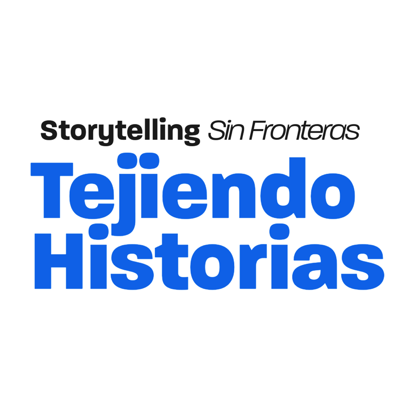 Text in a circular design: "Storytelling Sin Fronteras Tejiendo Historias" in black and blue fonts.
