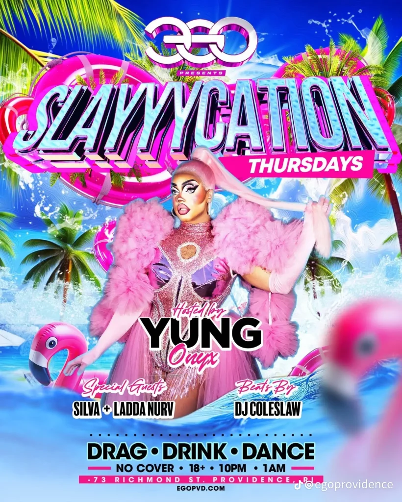 Colorful promotional poster for a drag event featuring a performer in a pink outfit, tropical background, and event details.
