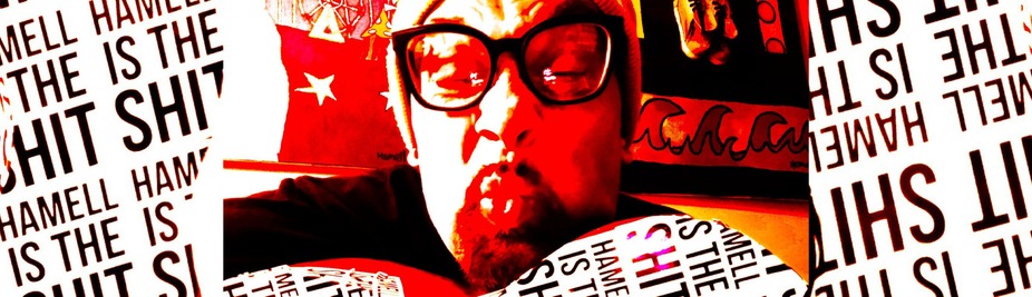 A person makes a playful face, surrounded by bold text and colorful artwork.