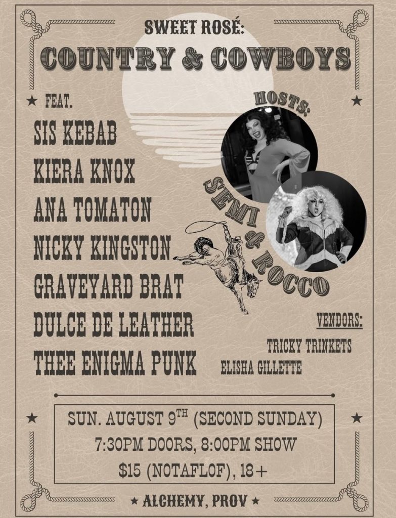 Event poster for "Sweet Rosé: Country & Cowboys" featuring performers and hosts, with details on date, time, and vendors.